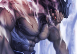 Rule 34 | 1boy, abs, absurdres, heracles (fate), black hair, commentary request, fate/stay night, fate (series), highres, injury, kamonegi (meisou1998), male focus, muscular, red eyes, short hair, solo, teeth