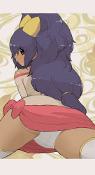 Rule 34 | 1girl, aged up, bare shoulders, big hair, brown eyes, cameltoe, commentary request, creatures (company), dark-skinned female, dark skin, game freak, hair tie, highres, iris (pokemon), letterboxed, long hair, looking back, makoto daikichi, miniskirt, nintendo, open mouth, panties, pink skirt, pokemon, pokemon (anime), pokemon bw (anime), purple hair, shirt, skirt, solo, spread legs, thighhighs, two side up, underwear, white panties, white thighhighs
