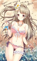 Rule 34 | 10s, 1girl, beach, bikini, blush, brown eyes, brown hair, flower, groin, hair flower, hair ornament, heart, highres, jewelry, long hair, looking at viewer, love live!, love live! school idol festival, love live! school idol project, lying, minami kotori, navel, necklace, off shoulder, on back, revision, shiny skin, side-tie bikini bottom, smile, solo, star (symbol), staryume, strap slip, swimsuit, thigh gap, untied
