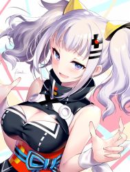 Rule 34 | 1girl, :d, bare shoulders, blue eyes, blush, breasts, center opening, cleavage, half-closed eyes, kaguya luna, kousaki rui, large breasts, nail polish, obi, open mouth, sash, silver hair, smile, solo, the moon studio, twintails, upper body, virtual youtuber