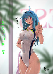 Rule 34 | 1girl, :d, ahoge, asics, blue eyes, blue hair, blush, breasts, cleft of venus, competition swimsuit, covered erect nipples, finger gun, highleg, highleg swimsuit, large breasts, long hair, matching hair/eyes, nyanko batake, one-piece swimsuit, open mouth, original, purple eyes, see-through, smile, solo, swimsuit, taking picture, towel, v, viewfinder, wet, wet clothes, wet swimsuit