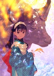 Rule 34 | 1girl, back bow, black hair, blue kimono, bow, bull, chinese zodiac, commentary request, dappled sunlight, flower, highres, japanese clothes, kimono, long sleeves, looking at viewer, maeya susumu, maid headdress, mouse (animal), original, parted lips, red bow, red eyes, shadow, smile, solo, sunlight, twintails, upper body, wheat, white flower, wide sleeves, year of the ox