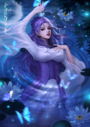 Rule 34 | 1girl, absurdres, bug, butterfly, corset, dress, firefly, flower, from above, hair bun, hand up, highres, in water, insect, long hair, long sleeves, lotus, purple dress, purple eyes, purple hair, qinshi mingyue, ripples, second-party source, solo, teeth, upper body, yan mo ai (n/a), zi nu (qin shi ming yue)