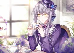 Rule 34 | 1girl, bang dream!, blue flower, blue rose, bouquet, bow, braid, chair, cup, flower, food, frilled shirt, frills, hair ribbon, hair up, hat, hat bow, hat flower, holding, holding cup, indoors, light purple hair, long hair, long sleeves, looking at viewer, macaron, minato yukina, neck ribbon, nennen, painting (object), purple bow, purple hat, purple ribbon, purple shirt, ribbon, rose, saucer, shirt, sidelocks, sitting, smile, solo, striped, striped bow, table, teacup, teapot, tiered tray, window, yellow eyes