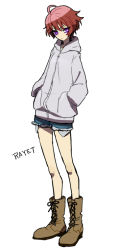 Rule 34 | 10s, 1girl, aldnoah.zero, bad id, bad pixiv id, bare legs, boots, character name, cutoffs, full body, hands in pockets, hood, hoodie, looking at viewer, purple eyes, rayet areash, red hair, short hair, short shorts, shorts, solo, tamaon, white background