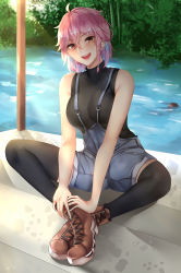 Rule 34 | 1girl, absurdres, bare shoulders, black shirt, black thighhighs, blue hair, blue shorts, boots, braid, breasts, brown eyes, brown footwear, crossed ankles, day, denim, hair between eyes, hair ornament, hairclip, highres, large breasts, looking at viewer, mole, mole under eye, multicolored hair, open mouth, original, outdoors, overall shorts, overalls, pink hair, rd (ardeee), shirt, shorts, side braid, sitting, sleeveless, sleeveless shirt, smile, solo, streaked hair, thighhighs, turtleneck, water