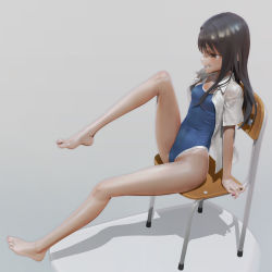 Rule 34 | 1girl, 3d, bare shoulders, barefoot, black hair, breasts, brown eyes, chair, covered navel, dark-skinned female, dark skin, feet, foot focus, grin, hair ornament, hairclip, highres, ijiranaide nagatoro-san, leslyzerosix, long hair, nagatoro hayase, nail polish, one-piece swimsuit, open clothes, open shirt, pink nails, school swimsuit, sitting, small breasts, smile, solo, swimsuit, toes