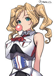 Rule 34 | 1girl, blonde hair, blue eyes, breasts, blowing bubbles, chewing gum, crop top, drill hair, highres, honolulu (kancolle), kantai collection, large breasts, long hair, military, military uniform, one-hour drawing challenge, simple background, solo, twin drills, twintails, twitter username, uniform, upper body, white background, yamano rita