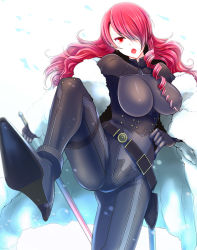 Rule 34 | 1girl, bodysuit, breasts, coat, fur coat, hair over one eye, hand on own hip, holding, holding sword, holding weapon, kirijou mitsuru, large breasts, leg up, legs apart, long hair, looking at viewer, open mouth, persona, persona 3, persona 4: the ultimate in mayonaka arena, rapier, red eyes, red hair, shibuki, simple background, solo, spread legs, sword, weapon, white background