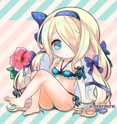 Rule 34 | 1girl, arm support, bad id, bad pixiv id, bare legs, bare shoulders, barefoot, bikini, blue bikini, blue bow, blue eyes, blue hairband, blush, bow, breasts, chibi, closed mouth, commentary request, diagonal stripes, flower, full body, hair bow, hair over one eye, hairband, halterneck, hand up, long hair, looking at viewer, lowres, mashiro miru, pandora (p&amp;d), puzzle &amp; dragons, red flower, side-tie bikini bottom, sitting, small breasts, smile, solo, striped, striped background, swimsuit, twitter username, very long hair