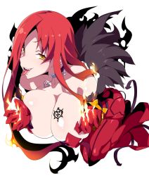 Rule 34 | 1girl, ass, astaroth (taimanin asagi), bare shoulders, breast tattoo, breasts, choker, cleavage, curvy, dress, fangs, female focus, fire, full body, heart, heart choker, heart tattoo, highres, huge breasts, long hair, looking at viewer, magic, naughty face, piercing, potion (moudamepo), red hair, saliva, shiny skin, sideboob, solo, taimanin (series), taimanin asagi, taimanin asagi kessen arena, tattoo, tongue, tongue out, yellow eyes
