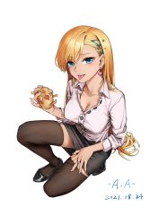 Rule 34 | 1girl, :p, absurdres, aia (pixiv15077492), asymmetrical bangs, black footwear, black skirt, blonde hair, breasts, brown thighhighs, cleavage, collared shirt, dated, dress shirt, earrings, garter straps, gyaru, heart, heart earrings, highres, jewelry, large breasts, long hair, long sleeves, looking at viewer, miniskirt, office lady, on one knee, original, shirt, shoes, simple background, skirt, sleeves pushed up, solo, thighhighs, tongue, tongue out, very long hair, white background, white shirt, zettai ryouiki