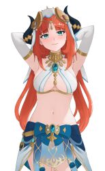 Rule 34 | 1girl, absurdres, aqua eyes, blue eyes, blush, breasts, cleavage, fake horns, gem, genshin impact, highres, honey boba, horns, jewelry, long hair, medium breasts, midriff, navel, nilou (genshin impact), red hair, skirt, smile, solo, stomach, thighhighs, twintails