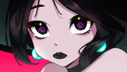 Rule 34 | 1girl, animification, bad id, bad twitter id, black choker, black eyes, black hair, black lips, choker, close-up, coni (co ni ), earrings, fangs, fangs out, glowing, hat, highres, jewelry, lipstick, looking at viewer, makeup, parted bangs, portrait, purple pupils, red background, sage (valorant), solo, thick lips, valorant, witch hat