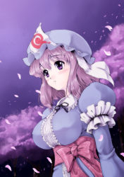 Rule 34 | 1girl, blue dress, breasts, cherry blossoms, covered erect nipples, dress, dutch angle, female focus, hat, highres, japanese clothes, kimono, large breasts, nekohane ryou, night, obi, parted lips, petals, pink eyes, pink hair, puffy sleeves, saigyouji yuyuko, sash, short hair, solo, standing, tears, touhou, triangular headpiece, veil, wavy hair