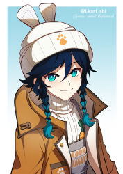 Rule 34 | 1boy, absurdres, animal hat, aqua eyes, artist name, blue hair, braid, brown jacket, closed mouth, genshin impact, gradient hair, hat, highres, jacket, lkari shi, male focus, multicolored hair, overalls, rabbit hat, russian text, smile, solo, sweater, twin braids, venti (genshin impact), white hat, white sweater