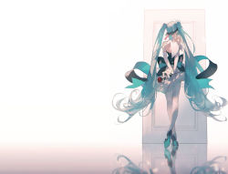 Rule 34 | 1girl, arms behind back, back, bare shoulders, blue hair, door, dress, elbow gloves, envelope, flower, from behind, full body, gloves, hair ribbon, hairband, hatsune miku, high collar, high heels, highres, holding, long hair, own hands together, pleated dress, reflection, reflective floor, rella, ribbon, rose, shoe soles, simple background, solo, standing, thighhighs, twintails, very long hair, vocaloid, white dress, white gloves, white thighhighs