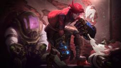 Rule 34 | 1girl, 2others, absurdres, ambiguous gender, arcane: league of legends, arcane vi, armor, bandaged arm, bandages, boots, brown pants, chemtank guard (arcane), commentary, english commentary, gauntlets, highres, jacket, knee boots, kousfield, league of legends, leaning forward, long sleeves, looking at viewer, multiple others, open clothes, open jacket, pants, red hair, red jacket, short hair, short sleeves, solo focus, striped clothes, striped pants, swept bangs, vi (league of legends)