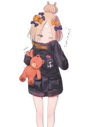 Rule 34 | 1girl, abigail williams (fate), abigail williams (traveling outfit) (fate), bandaid, bandaid on face, bandaid on forehead, belt, black bow, black jacket, blonde hair, blue eyes, blush, bow, crossed bandaids, fate/grand order, fate (series), forehead, hair bow, hair bun, heroic spirit traveling outfit, high collar, highres, holding, holding stuffed toy, jacket, legs, long hair, looking at viewer, official alternate costume, one eye closed, orange bow, parted bangs, polka dot, polka dot bow, sakazakinchan, simple background, single hair bun, sleeves past fingers, sleeves past wrists, solo, stuffed animal, stuffed toy, teddy bear, thighs, white background