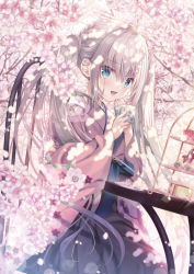 Rule 34 | 1girl, :d, blue eyes, blue hakama, blush, braid, chair, cherry blossoms, cowboy shot, cup, day, display case, dutch angle, food, grey hair, hair between eyes, hakama, hakama short skirt, hakama skirt, hand on own chin, hands up, highres, holding, holding cup, japanese clothes, long hair, long sleeves, looking at viewer, open mouth, original, outdoors, pastry, pleated skirt, saucer, sidelocks, sitting, skirt, smile, solo, spring (season), table, tanihara natsuki, twintails, wide sleeves