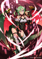 Rule 34 | 1girl, ;q, ahoge, ankle boots, asymmetrical footwear, black gloves, boots, bread, breasts, buzz (moi), cleavage, copyright notice, cropped jacket, digital dissolve, dragon tail, dragon wings, food, food on face, full body, gloves, green footwear, green hair, green jacket, green leotard, grey thighhighs, hair between eyes, half gloves, halterneck, hand guard, high heel boots, high heels, holding, holding food, horns, jacket, leotard, looking at viewer, medium breasts, off shoulder, official art, one eye closed, red background, scales, solo, tail, thigh boots, thigh strap, thighhighs, tongue, tongue out, twintails, wings, wixoss