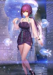 Rule 34 | 1girl, bare legs, black footwear, breasts, dress, fate/grand order, fate (series), fish, glasses, hair ornament, hairpin, highres, koyama hirokazu, large breasts, long hair, nail polish, non-web source, official art, ponytail, purple dress, purple hair, red eyes, scathach (fate), scathach skadi (fate), scathach skadi (swimsuit ruler) (fate), scathach skadi (swimsuit ruler) (second ascension) (fate), thighs, watch