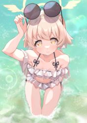 Rule 34 | 1girl, absurdres, beach, bikini, blue archive, blush, breasts, cleavage, collarbone, eyewear on head, frilled bikini, frills, from above, halo, halterneck, hifumi (blue archive), hifumi (swimsuit) (blue archive), highres, light brown hair, long hair, looking at viewer, looking up, low twintails, navel, partially submerged, ribbon-trimmed swimsuit, ribbon trim, small breasts, smile, solo, sunglasses, swimsuit, take mawile, twintails, wet, white bikini, wing hair ornament, yellow eyes