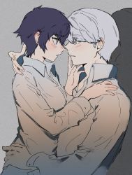 Rule 34 | 1boy, 1girl, blue hair, blush, breasts, collared shirt, commentary request, couple, from side, grey background, grey shirt, hand on another&#039;s face, hand on another&#039;s hip, hand on another&#039;s shoulder, hetero, high collar, hug, korean commentary, long sleeves, medium breasts, narukami yuu, noses touching, persona, persona 4, profile, rao per mitsuru, shirogane naoto, shirt, short hair, sitting, sitting on lap, sitting on person, white hair, white shirt