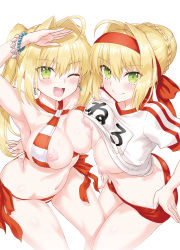 Rule 34 | 2girls, ahoge, ass, asymmetrical docking, bare shoulders, bead bracelet, beads, bikini, blonde hair, blush, bracelet, braid, breast press, breasts, breasts out, buruma, closed mouth, clothes lift, criss-cross halter, earrings, fate/extra, fate/grand order, fate (series), french braid, green eyes, gym shirt, gym uniform, hair between eyes, hair bun, hair intakes, halterneck, hand up, hands on own hips, headband, highres, jewelry, large breasts, long hair, looking at viewer, multiple girls, name tag, nero claudius (bride) (fate), nero claudius (fate), nero claudius (fate) (all), nero claudius (fate/extra), nero claudius (olympian bloomers) (fate), nero claudius (swimsuit caster) (fate), nipples, official alternate costume, one eye closed, open mouth, red bikini, red buruma, red headband, rohgun, shirt, shirt lift, side-tie bikini bottom, simple background, single hair bun, smile, striped bikini, striped clothes, swimsuit, thighs, twintails, white background