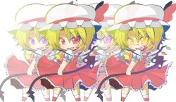 Rule 34 | 4girls, alternate eye color, ascot, blonde hair, clone, fang, female focus, flandre scarlet, four of a kind (touhou), glowing, glowing eyes, hat, hat ribbon, highres, hiro (hiro0529), laevatein, looking back, multiple girls, open mouth, pink eyes, puffy sleeves, purple eyes, red eyes, ribbon, short sleeves, touhou, wings, yellow eyes