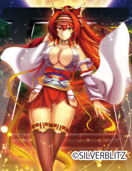 Rule 34 | 1girl, backlighting, bare shoulders, black thighhighs, blonde hair, breasts, choker, cleavage, collarbone, detached sleeves, full moon, gradient hair, hair intakes, hair ornament, hair tubes, hairband, heroes placement, hip vent, japanese clothes, kouzuki tsubasa (musou kaidou), large breasts, long hair, looking at viewer, miko, miniskirt, moon, multicolored hair, nontraditional miko, obi, official art, original, parted lips, ponytail, red hair, red skirt, ribbon-trimmed sleeves, ribbon trim, sash, sidelocks, skirt, solo, stairs, thighhighs, torii, two-tone hair, very long hair, wide sleeves, yellow eyes
