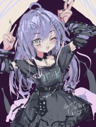 Rule 34 | 1girl, 89 (oni 1000), :3, absurdres, amiya aranha, amiya aranha (2nd costume), arthropod limbs, black dress, blush, commentary, detached sleeves, double v, dress, english commentary, extra legs, fang, grey nails, happy birthday, highres, indie virtual youtuber, long hair, looking up, official alternate costume, one eye closed, open mouth, purple eyes, sketch, solo, striped sleeves, v, very long hair, virtual youtuber