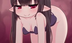 Rule 34 | 1girl, all fours, black hair, bottomless, breasts, closed mouth, copyright request, highres, kionant, long hair, looking at viewer, pointy ears, purple shirt, red background, red eyes, shirt, small breasts, smile, solo