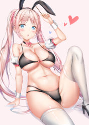 Rule 34 | 1girl, :o, animal ears, aqua hair, arm at side, arm support, bare shoulders, bikini, black bikini, black choker, black footwear, blue eyes, blue hair, blush, bow, bow bikini, bowtie, breasts, cameltoe, choker, cleavage, collarbone, commentary, detached sleeves, fake animal ears, fingernails, gradient hair, groin, hair bow, hair ribbon, halterneck, hand up, heart, high heels, highres, kitin, knee up, large breasts, long fingernails, long hair, looking at viewer, midriff, multi-strapped bikini, multicolored hair, navel, open mouth, original, parted bangs, pink background, pink bow, pink bowtie, pink hair, pink ribbon, rabbit ears, ribbon, shiny skin, sidelocks, simple background, sitting, skindentation, solo, stomach, swimsuit, thighhighs, twintails, very long hair, white thighhighs, wrist cuffs
