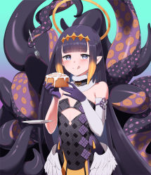 Rule 34 | 1girl, absurdres, animal ears, bare shoulders, blush, cake, cinnamon roll, food, fork, gloves, hair ornament, halo, highres, hololive, hololive english, linea alba, long hair, looking at viewer, low wings, mole, mole under eye, nano (nanojyaa), necktie, ninomae ina&#039;nis, ninomae ina&#039;nis (1st costume), pointy ears, purple gloves, purple hair, simple background, solo, standing, tentacle hair, tentacles, virtual youtuber, white wings, wings