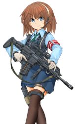 Rule 34 | 1girl, armband, assault rifle, black thighhighs, black vest, blue eyes, blue shirt, blue skirt, brown hair, bulletproof vest, closed mouth, collared shirt, commentary request, gloves, green necktie, gun, hairband, headset, highres, holster, long sleeves, looking at viewer, mikeran (mikelan), miniskirt, necktie, original, partial commentary, police, police uniform, policewoman, radio, rifle, scope, shirt, short hair, simple background, skirt, smile, solo, standing, thigh holster, thighhighs, trigger discipline, uniform, v-shaped eyebrows, vest, weapon, weapon request, white background, white gloves, wing collar, yellow hairband, zipper