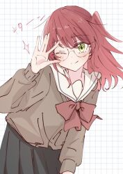 Rule 34 | &gt; o, 1girl, adjusting eyewear, black skirt, blush, bocchi the rock!, bow, bowtie, cardigan, commentary, dot nose, glasses, graph paper, green eyes, hand on eyewear, highres, kita ikuyo, leaning forward, long hair, long sleeves, looking at viewer, nnnr se, one eye closed, one side up, red bow, red bowtie, red hair, round eyewear, sailor collar, school uniform, shuka high school uniform, simple background, skirt, sleeve cuffs, smile, solo, sparkle, translated