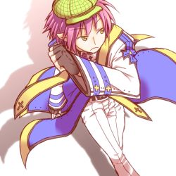 Rule 34 | 1boy, arch bishop (ragnarok online), black gloves, blue coat, choker, closed mouth, coat, commentary request, cropped jacket, expressionless, feet out of frame, fingerless gloves, gloves, green hat, hat, jacket, long sleeves, looking to the side, male focus, pants, pink hair, pointy ears, ragnarok online, sakakura (sariri), short hair, solo, walking, white background, white jacket, white pants
