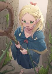 Rule 34 | 1girl, absurdres, blonde hair, blue capelet, blue robe, braid, capelet, choker, commentary, dungeon meshi, eat some cookie, elf, full body, green eyes, hair around ear, hair ribbon, highres, holding, holding staff, hood, hooded capelet, long hair, marcille donato, multiple braids, open mouth, pointy ears, ponytail, red choker, red ribbon, ribbon, robe, sandals, solo, staff, standing, stone wall, sweat, symbol-only commentary, teeth, wall