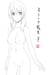 Rule 34 | 1girl, breasts, collarbone, cowboy shot, greyscale, himura kiseki, lineart, long hair, looking at viewer, monochrome, navel, nipples, nude, original, simple background, solo, white background