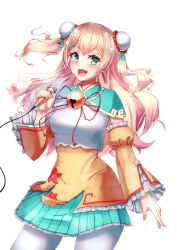 Rule 34 | 1girl, bell, blonde hair, breasts, detached sleeves, double bun, dreamkite, fang, gradient hair, green eyes, green skirt, hair bun, holding, holding microphone, hololive, long hair, looking to the side, medium breasts, microphone, momosuzu nene, multicolored hair, open hand, open mouth, pantyhose, pink hair, skirt, solo, two side up, virtual youtuber, white pantyhose