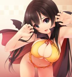 Rule 34 | 10s, 1girl, :d, agano (kancolle), arm up, armpits, bare arms, bare shoulders, bent over, bikini, black cape, black hair, blunt bangs, breasts, cape, claw pose, cleavage, comic, covered erect nipples, eyebrows, frilled bikini, frills, green eyes, ichikawa noa, kantai collection, large breasts, leaning forward, long hair, looking at viewer, navel, open mouth, orange bikini, red ribbon, ribbon, smile, solo, swimsuit, tareme, thighs, very long hair, yellow bikini