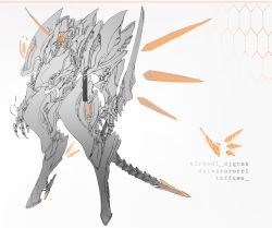 Rule 34 | absurdres, chyan, commentary, detached horns, highres, holding, holding sword, holding weapon, honeycomb (pattern), horns, mecha, monochrome, no humans, orange theme, original, reverse grip, robot, single horn, sword, symbol-only commentary, weapon