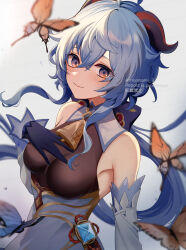 Rule 34 | 1girl, ahoge, bare shoulders, blue hair, bodystocking, breasts, commentary request, detached sleeves, ganyu (genshin impact), genshin impact, grey background, hair between eyes, high-waist skirt, highres, horns, large breasts, long hair, long sleeves, looking at viewer, miyanami 3, purple eyes, simple background, skirt, smile, solo, upper body, very long hair, white skirt