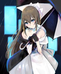 Rule 34 | 1girl, absurdres, aqua eyes, artist name, artist request, back bow, bare shoulders, belt, black dress, black gloves, black skirt, blue eyes, blue sky, blush, bow, bow hairband, breasts, brooch, brown hair, building, buttons, choker, cloud, collarbone, diamond (gemstone), dress, drop earrings, earrings, evening gown, female focus, gloves, grey belt, grey bow, grey skirt, hair between eyes, hair bow, hairband, half updo, high ponytail, highres, holding, holding umbrella, jewelry, lace, lace gloves, long hair, looking at viewer, love live!, love live! nijigasaki high school idol club, love live! school idol festival, miniskirt, multicolored clothes, multicolored dress, off-shoulder dress, off shoulder, osaka shizuku, outdoors, parted lips, plaid, plaid dress, plaid skirt, pleated, pleated dress, pleated skirt, ponytail, rain, skirt, sky, sleeveless, sleeveless dress, small breasts, smile, solitude rain (love live!), solo, two-tone dress, two-tone umbrella, umbrella, white bow, white choker, white dress, white skirt