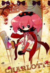 Rule 34 | 10s, 1girl, chair, character name, charlotte (madoka magica), doll, doughnut, food, mahou shoujo madoka magica, mahou shoujo madoka magica (anime), nanaoraika, personification, pink hair, ribbon, sitting, solo, sparkle, twintails, witch&#039;s labyrinth