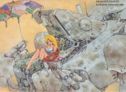 Rule 34 | 1980s (style), 1987, 1girl, aic, bare arms, bare legs, bare shoulders, barefoot, beach umbrella, blonde hair, blue eyes, closed mouth, cockpit, copyright name, cyberpunk, damaged, dated, dirty, dragon, dragon&#039;s heaven, english text, facing viewer, hand on own knee, holding, holding umbrella, ikuuru, knees up, kobayashi makoto (illustrator), legs, logo, long hair, looking at viewer, machinery, mecha, midriff, moebius (style), official art, oldschool, open hatch, parasol, pilot chair, plate, production art, promotional art, retro artstyle, robot, scan, shaian (robot), signature, simple background, sitting, smile, tank top, umbrella, yellow background