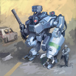 Rule 34 | 1boy, arm cannon, artist name, car, claws, commentary, english commentary, gun, highres, holding, holding gun, holding weapon, looking to the side, mecha, mike doscher, military, missile pod, motor vehicle, one-eyed, original, robot, science fiction, weapon