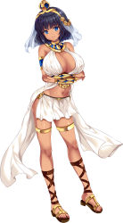 Rule 34 | 1girl, absurdres, armlet, bare legs, bare shoulders, black hair, blue eyes, blush, bracelet, breast hold, breasts, cleavage, cleavage cutout, clothing cutout, collar, crossed arms, crown, dark skin, dark-skinned female, egyptian, feet, female focus, full body, highres, hinata sora, jewelry, large breasts, legs, looking at viewer, midriff, navel, pelvic curtain, revealing clothes, sandals, short hair, smile, solo, standing, thighlet, toes, veil