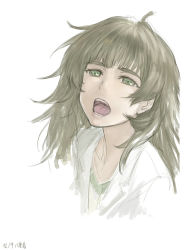 Rule 34 | 1girl, ahoge, collarbone, dated, green eyes, highres, hiyajou maho, lab coat, long hair, menomorute, messy hair, open mouth, solo, squinting, steins;gate, steins;gate 0, tagme, teeth, tongue, very long hair, white background